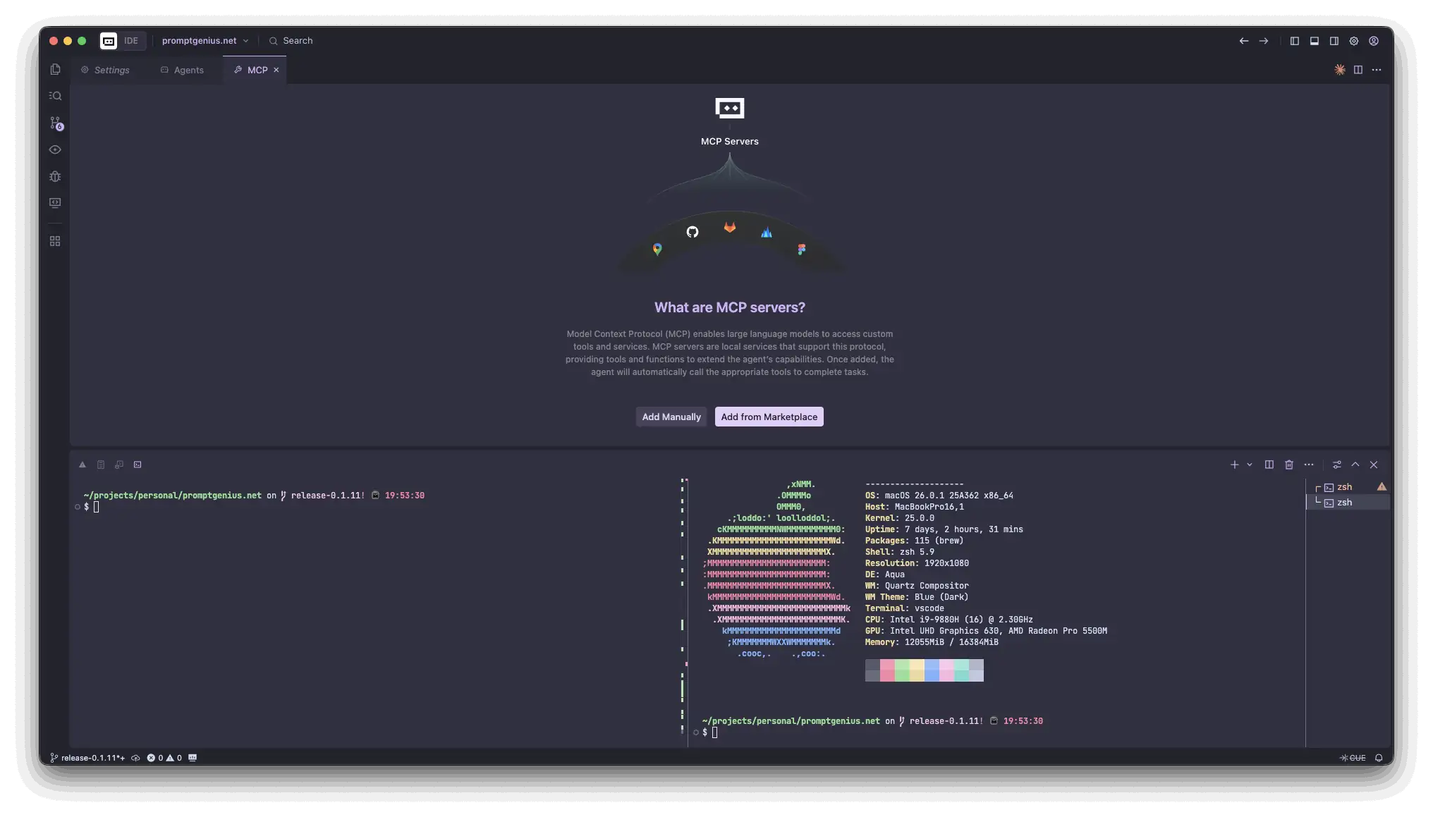 Trae split screen with editor and terminal using zsh