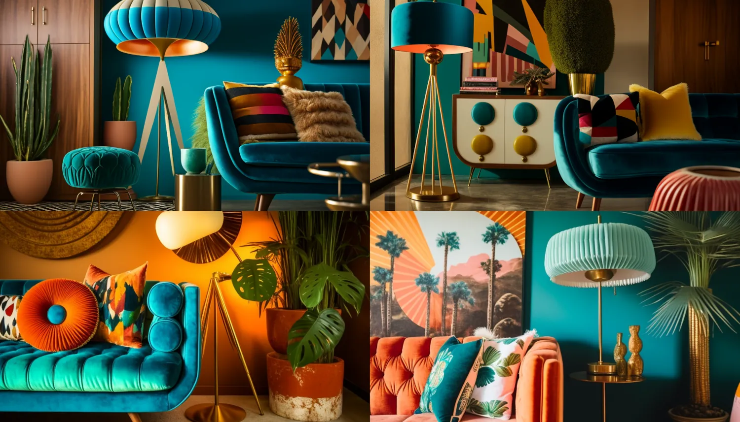 Editorial Style photo, Dutch Angle, Retro, Living Room, Accent Wall, Velvet, Wood, Metal, Vintage Decor, Bold, Vibrant, Joybird, Floor Lamp, Palm Springs, Late Afternoon, Funky, Fun, Mid-Century &ndash;ar 16:9