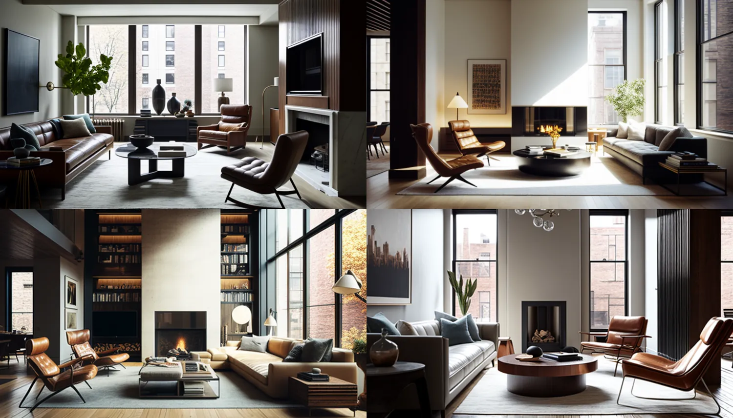 Editorial Style photo, Low Angle, Modern, Living Room, Fireplace, Leather, Metal, Wood, Sculptural Furniture, Neutral, Earthy, Roche Bobois, Natural Light, New York, Morning, Cozy, Inviting, Contemporary &ndash;ar 16:9