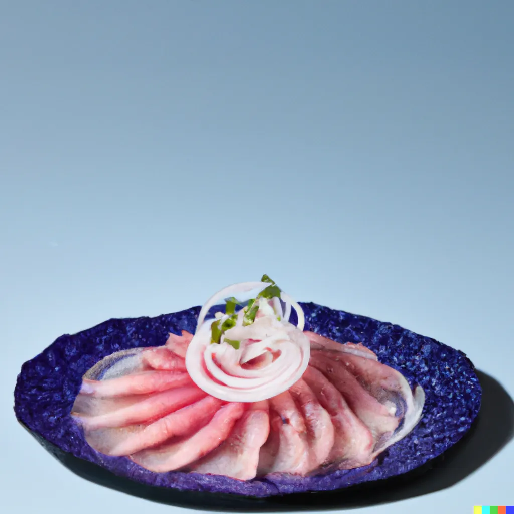 Sashimi bed, Ponzu, onions, Grey plate, blue bg, Soft studio lights, Symmetrical, Zig-zag slices, Blue, pink, white, Smooth, shiny, contrast, Sharp focus, Cropped –ar 16:9