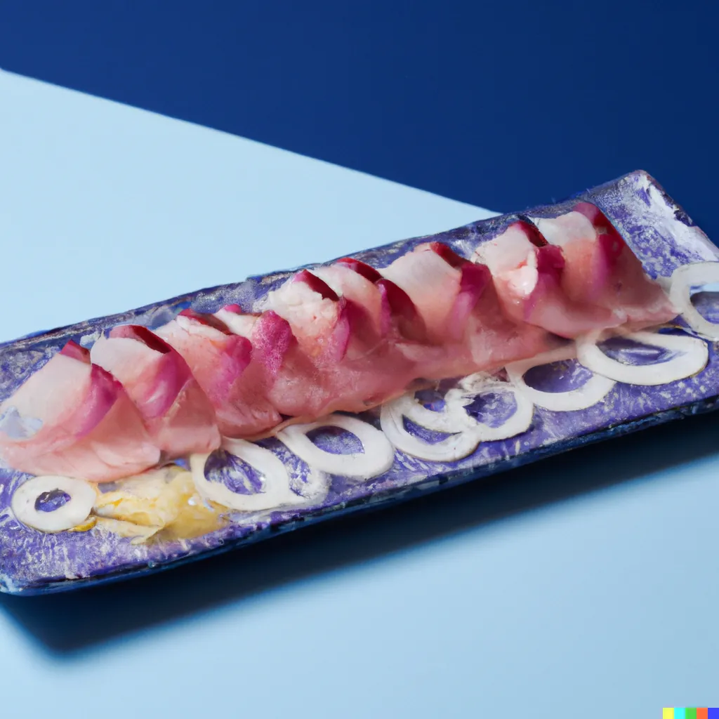 Sashimi bed, Ponzu, onions, Grey plate, blue bg, Soft studio lights, Symmetrical, Zig-zag slices, Blue, pink, white, Smooth, shiny, contrast, Sharp focus, Cropped –ar 16:9