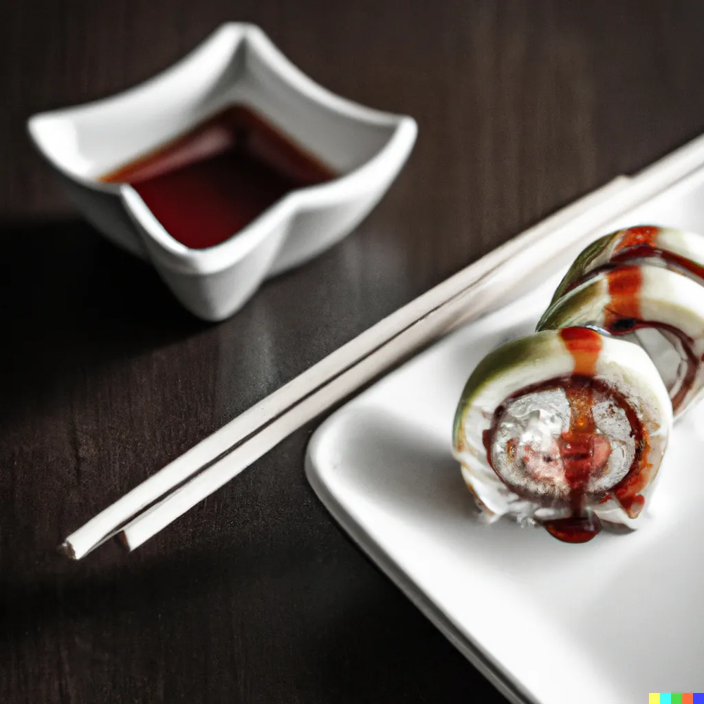 Spiral sushi, Chopsticks, sauce, Dark wood, white, Diffused window, Rule of thirds, Neat toppings, Red, white, green, Smooth, crispy, Sharp focus, Bright contrast &ndash;ar 16:9