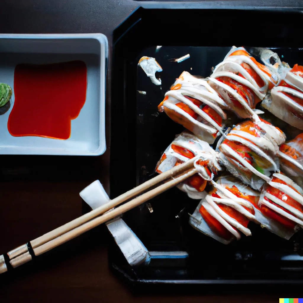 Spiral sushi, Chopsticks, sauce, Dark wood, white, Diffused window, Rule of thirds, Neat toppings, Red, white, green, Smooth, crispy, Sharp focus, Bright contrast &ndash;ar 16:9