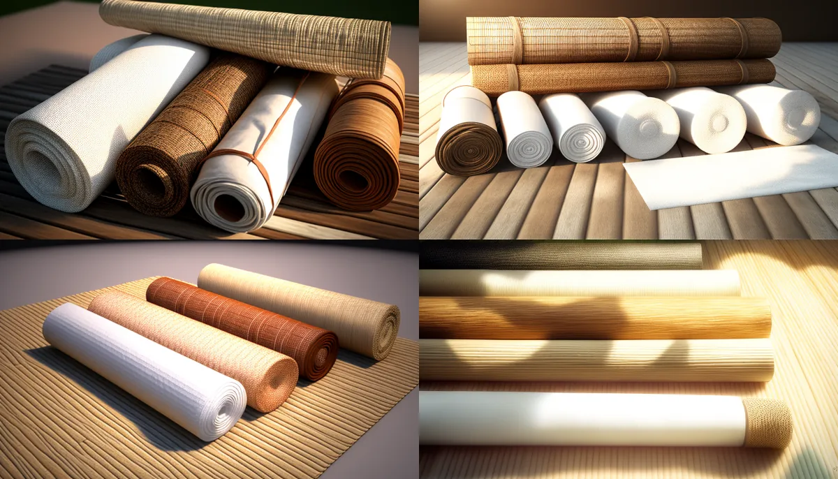 Assorted rolls, Bamboo mat, ginger, Light wood, white, Shaded outdoor light, Asymmetrical, Alternating colors, Light, dark wood, white, Rough, textured, Sharp focus, Warm white balance &ndash;ar 16:9