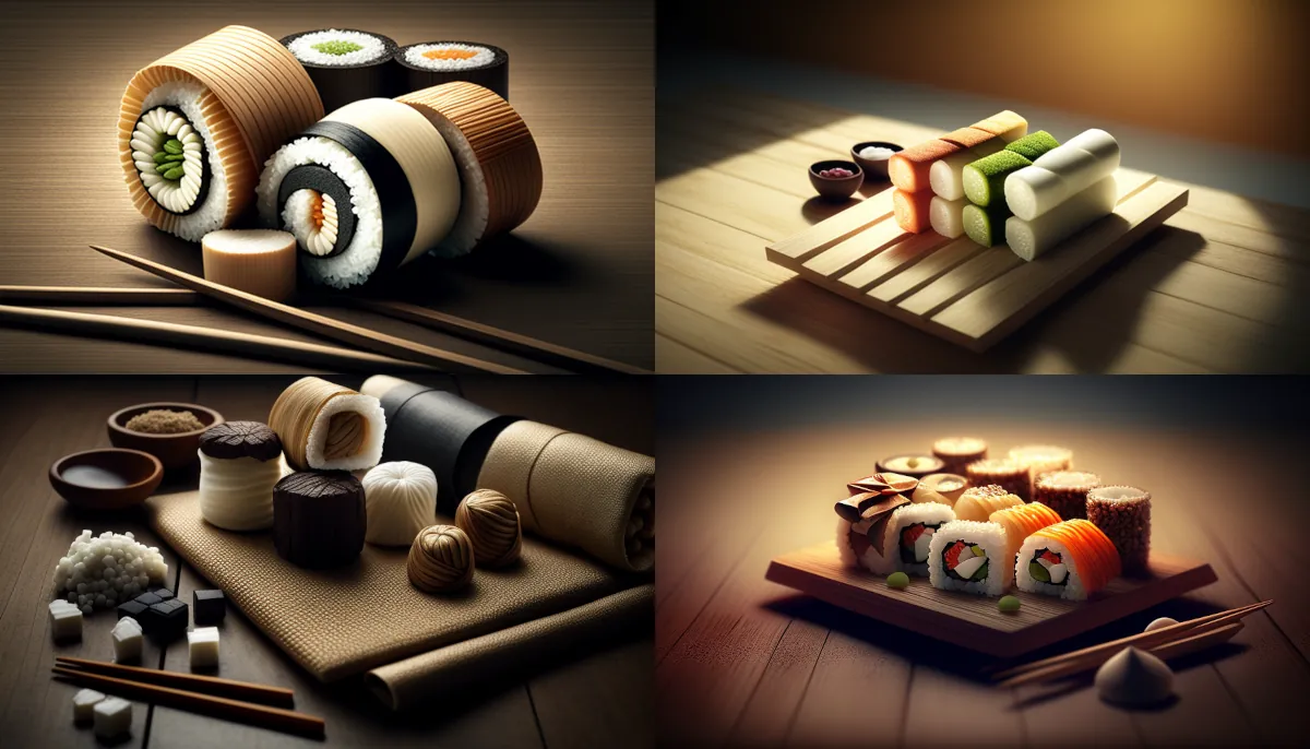 Assorted rolls, Bamboo mat, ginger, Light wood, white, Shaded outdoor light, Asymmetrical, Alternating colors, Light, dark wood, white, Rough, textured, Sharp focus, Warm white balance &ndash;ar 16:9