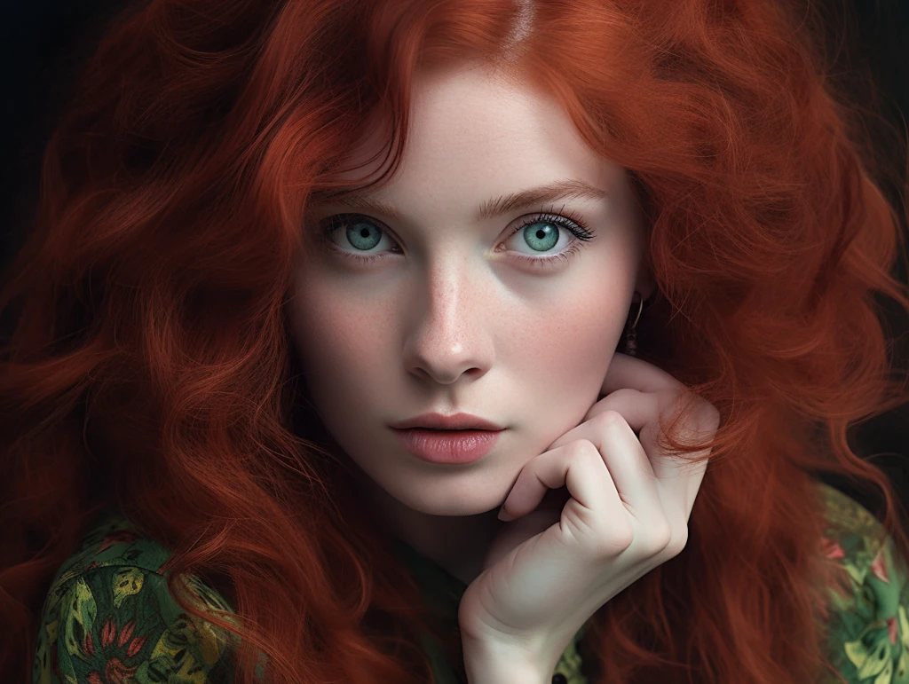 Generate an image that captures a glamorous, full-body shot of a woman. She should be stunningly beautiful, with striking green eyes and beautiful red hair. Her pose should exude femininity and allure, and her expression should be scandalous and flirty. She should have the body of a supermodel, and the image should emphasize realistic textures. single image per shot. &ndash;ar 4:3 &ndash;niji &ndash;style expressive