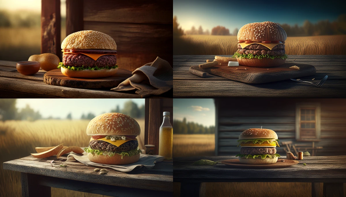 Rule of Thirds, Soft Natural, Stacked Burger, Warm Browns, Rustic Wood Table, Sesame Bun, Sharp Patty, 45-Degree Angle, Saturation Boost, Outdoor Picnic &ndash;ar 16:9