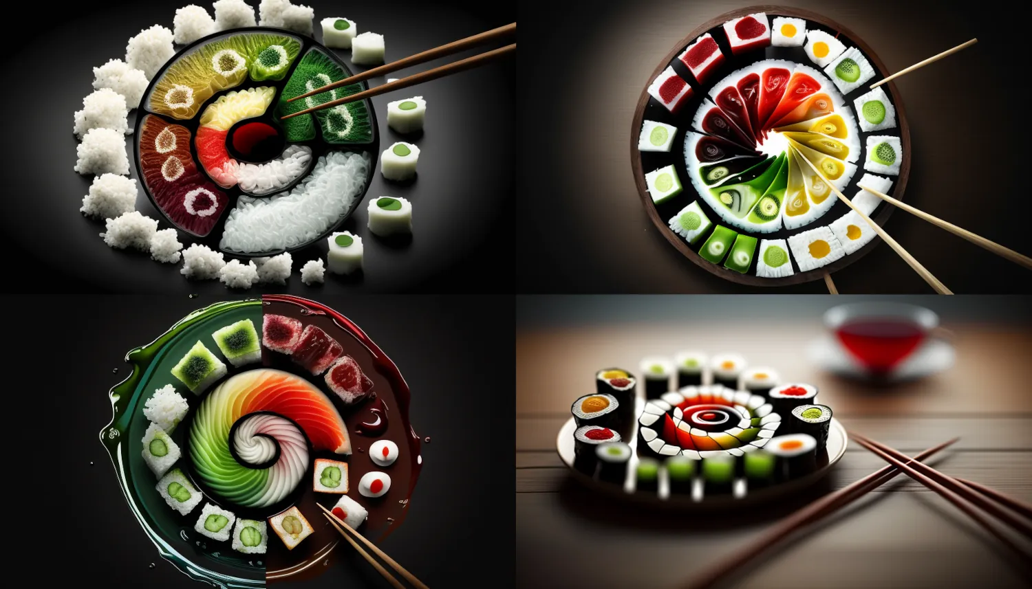 Spiral sushi, Chopsticks, sauce, Dark wood, white, Diffused window, Rule of thirds, Neat toppings, Red, white, green, Smooth, crispy, Sharp focus, Bright contrast &ndash;ar 16:9