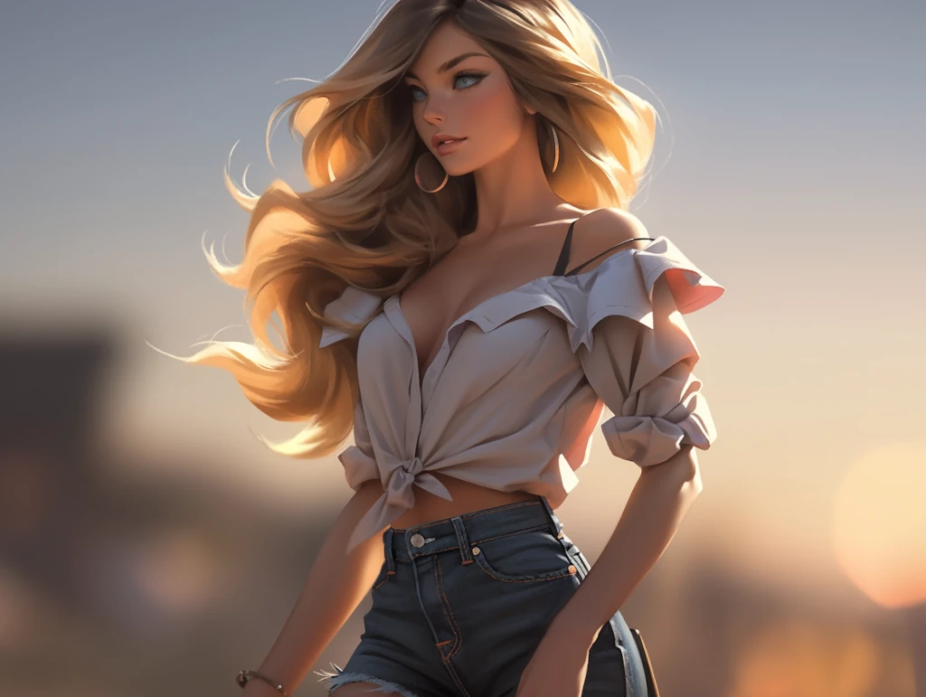 glamour full-body shot, beautiful blonde woman,  blue eyes,  walking towards a sunset,  feminity,  alluring,  stunning,  supermodel body,  scandalous and flirty,  realistic textures,  feminine pose &ndash;ar 4:3  &ndash;s 1000  &ndash;style expressive  &ndash;q 5  &ndash;niji 5