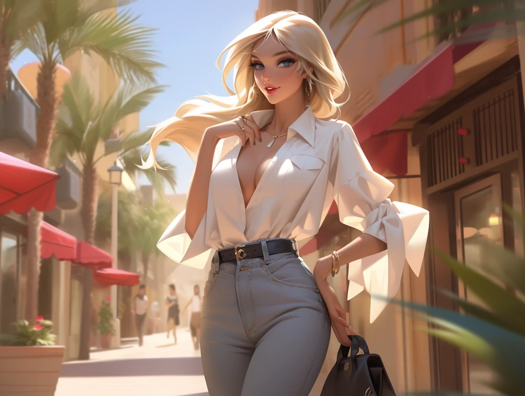 glamour full-body shot, beautiful blonde woman, blue eyes, walking towards a sunset, big bosom, feminity, alluring, stunning, supermodel body, scandalous and flirty, realistic textures, feminine pose &ndash;ar 4:3 &ndash;s 1000 &ndash;style expressive &ndash;q 5 &ndash;niji 5