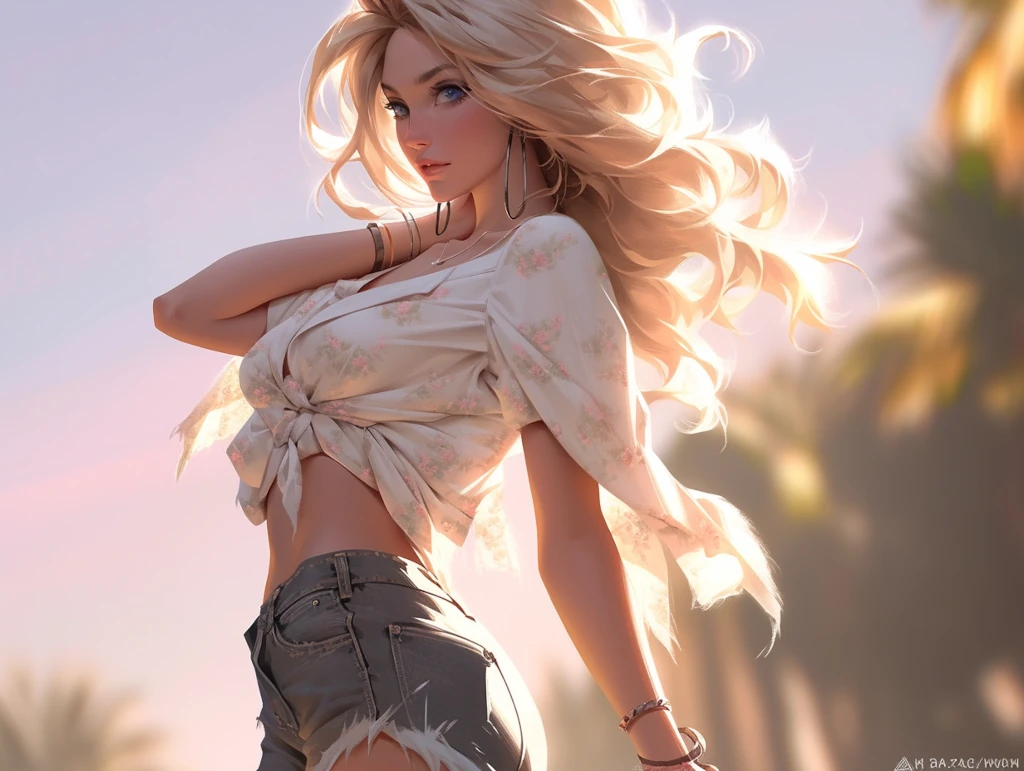 glamour full-body shot, beautiful blonde woman,  blue eyes,  walking towards a sunset,  feminity,  alluring,  stunning,  supermodel body,  scandalous and flirty,  realistic textures,  feminine pose &ndash;ar 4:3  &ndash;s 1000  &ndash;style expressive  &ndash;q 5  &ndash;niji 5