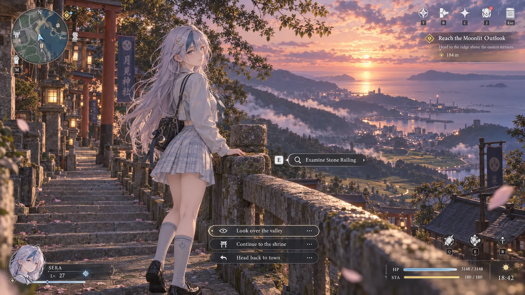 In-game screenshot of a coastal open-world RPG showing a resting character and a full functional heads-up display