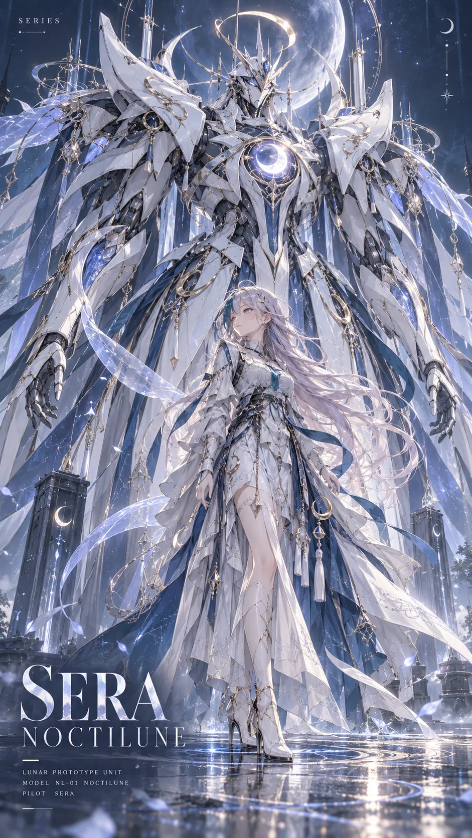 Collector poster of a woman standing before a towering blue-grey mecha built from her own colours and motifs