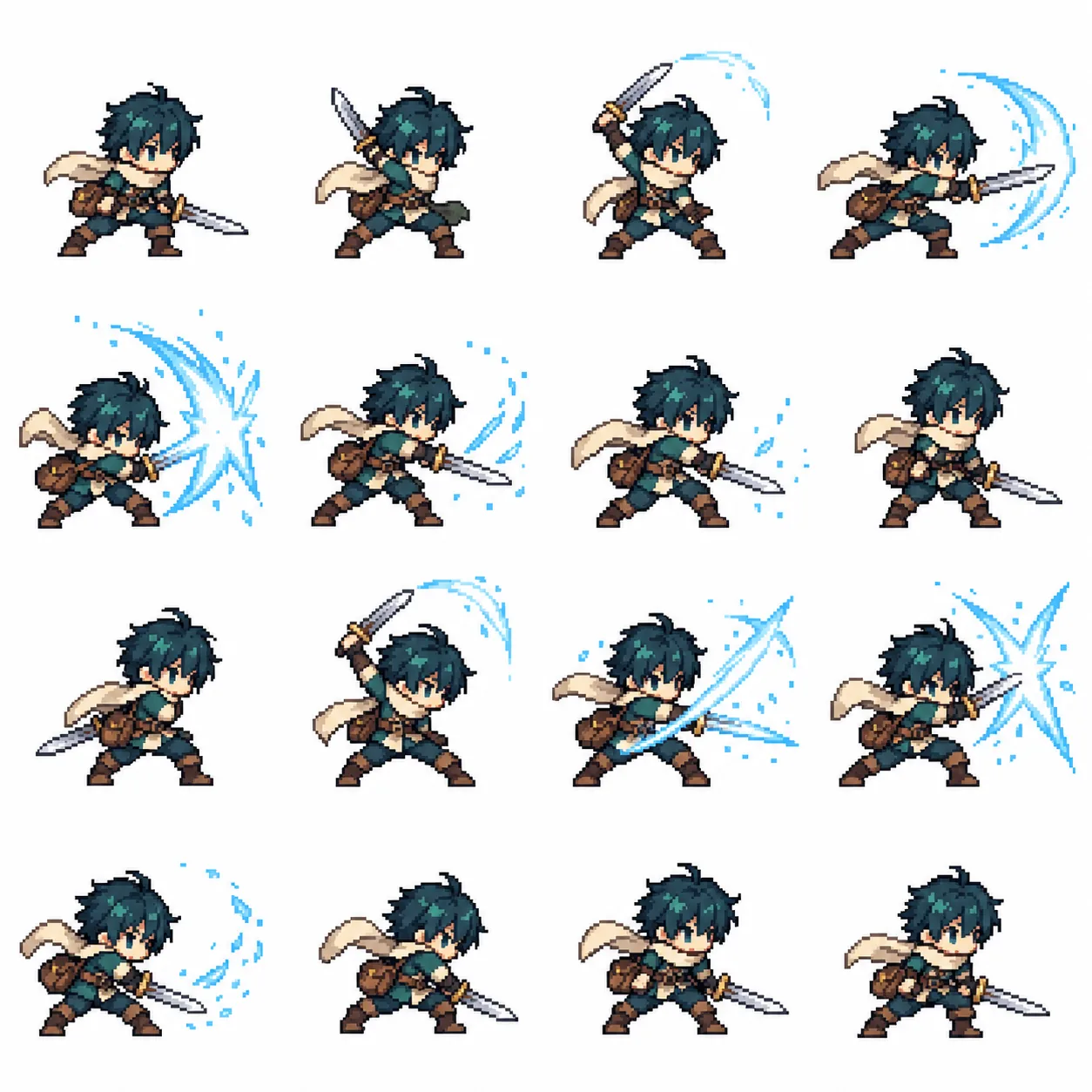Four by four pixel-art sprite sheet of a small cloaked character mid-attack across sixteen evenly sized cells