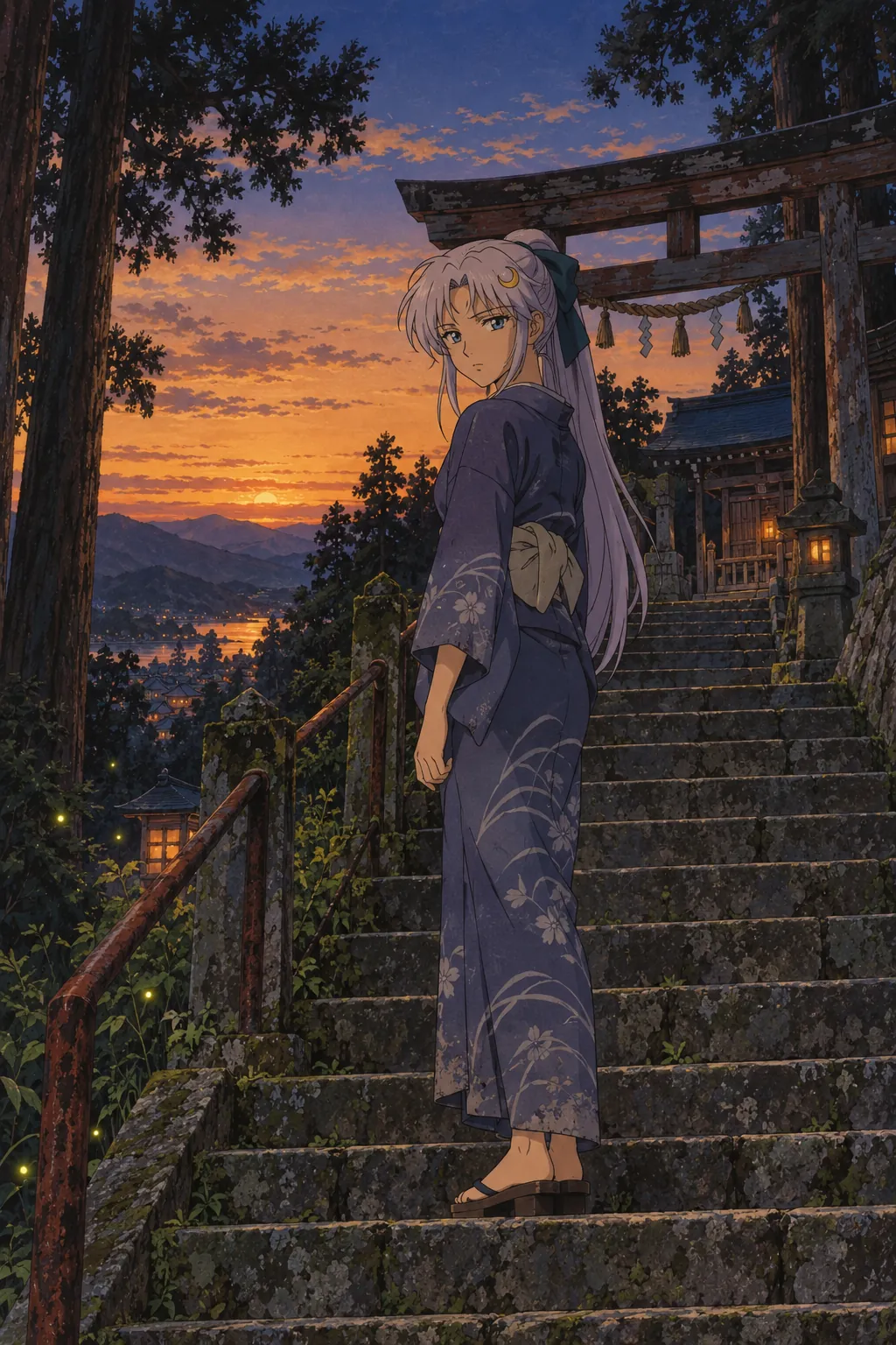 Nineties-style cel animation frame of a cloaked character on a hillside shrine stairway at dusk, flat colour and visible ink lines