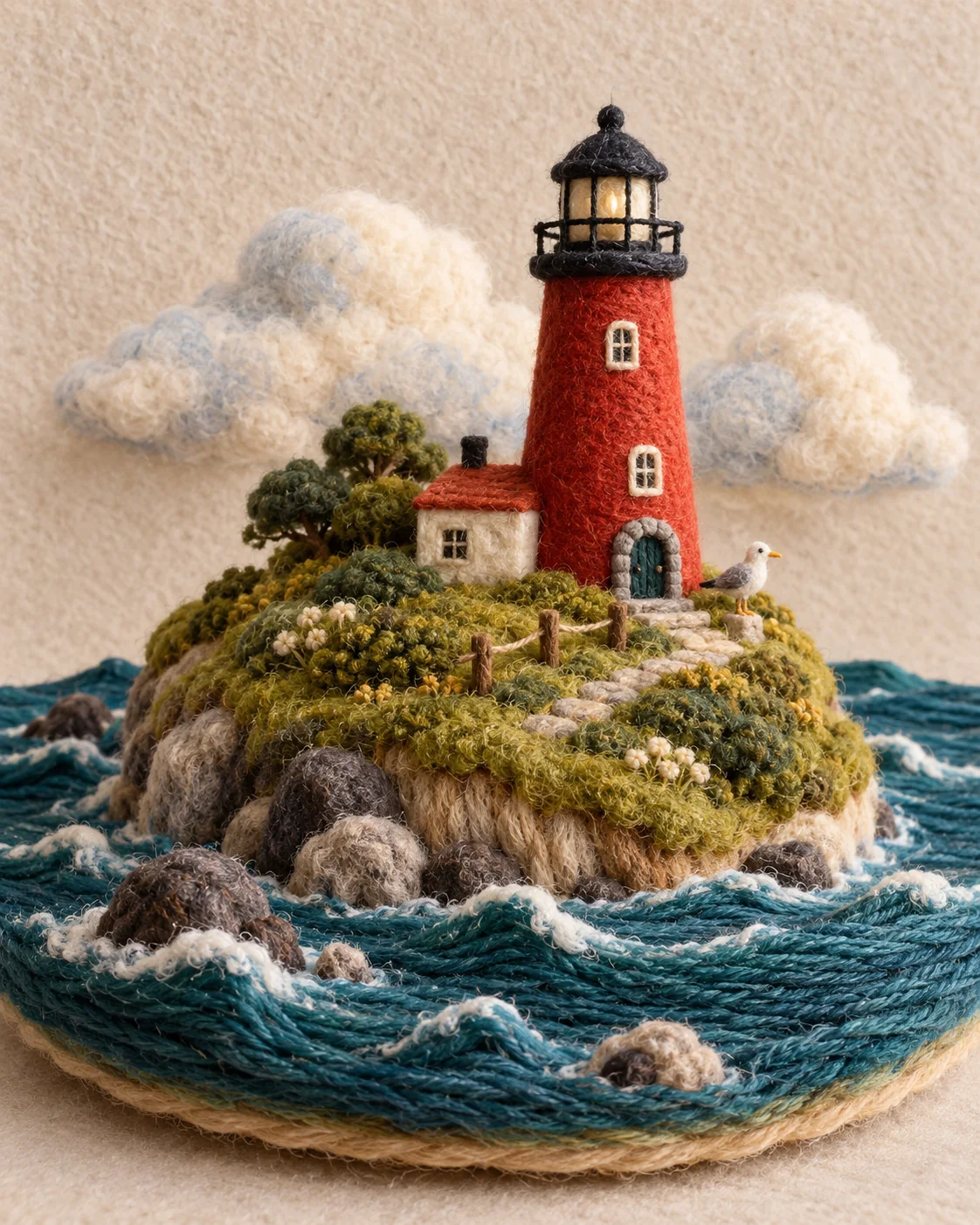 Needle-felted red lighthouse island with yarn sea and wool clouds against an oatmeal backdrop