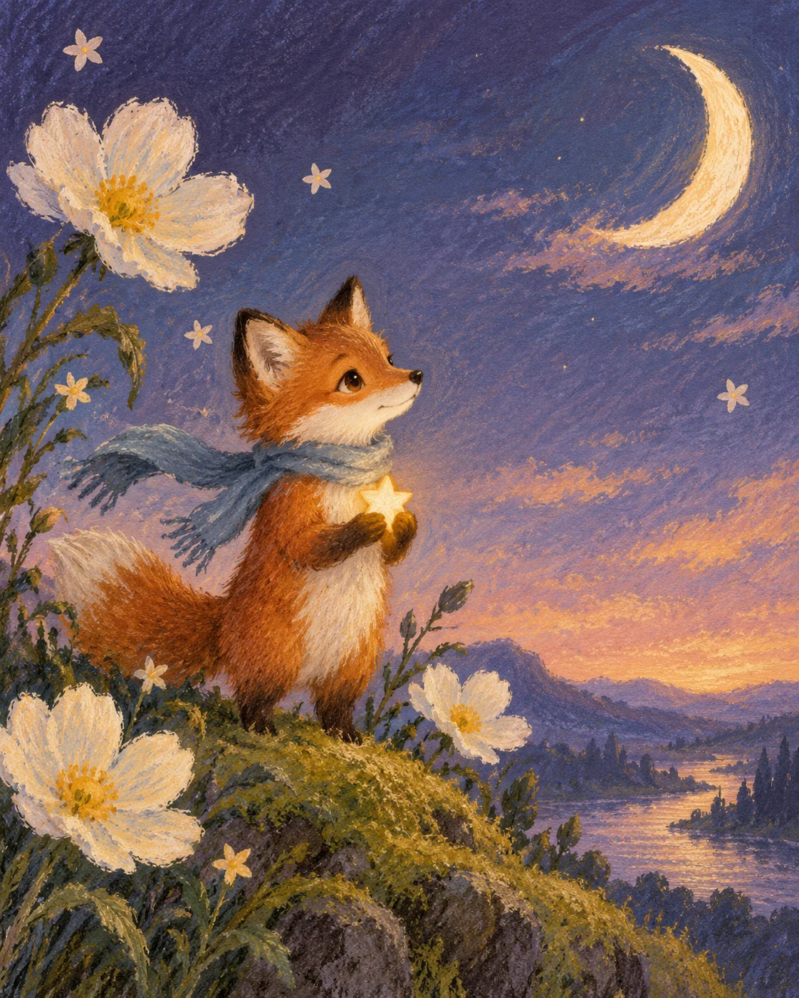 Russet fox holding a small star in a textured oil-pastel storybook landscape