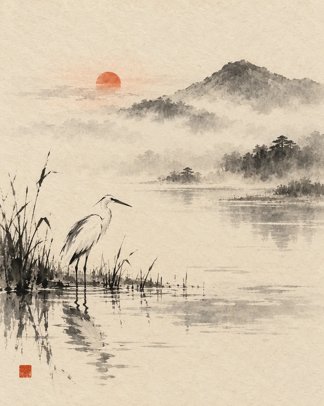 Sumi-e heron and reeds beside a misty pond on textured ivory washi paper