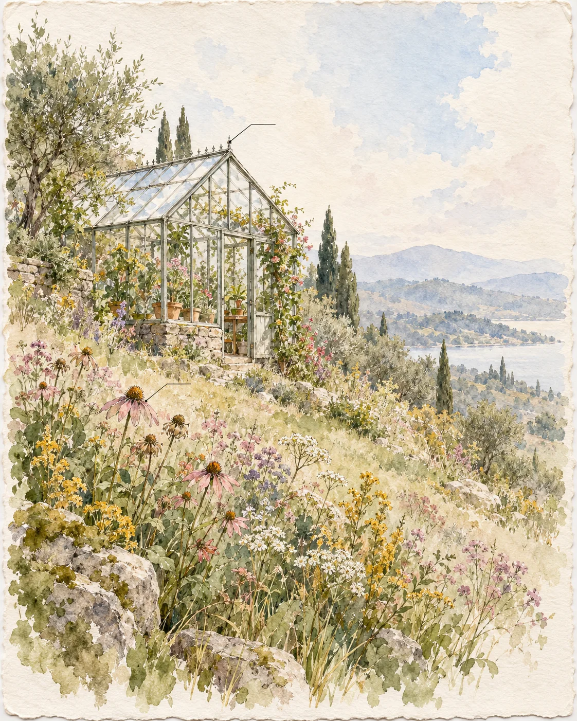 Botanical watercolor of a hillside glass greenhouse with wildflowers and paper leaders