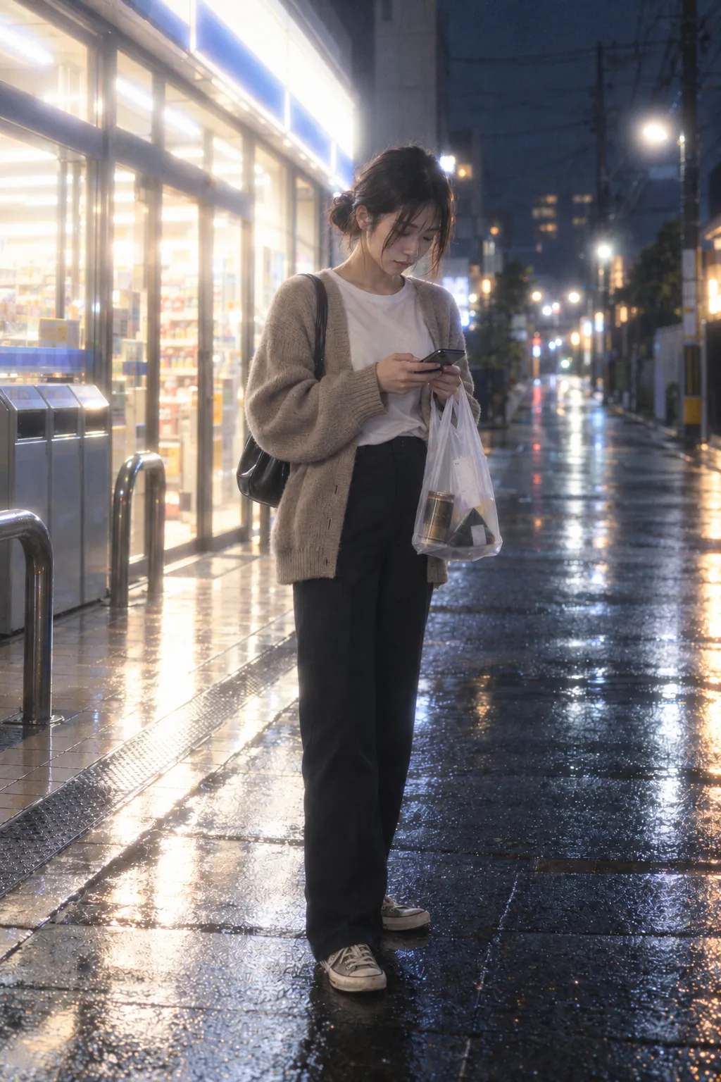 Adult woman outside a lit Japanese convenience store at night with a plastic shopping bag, heavy highlight halation