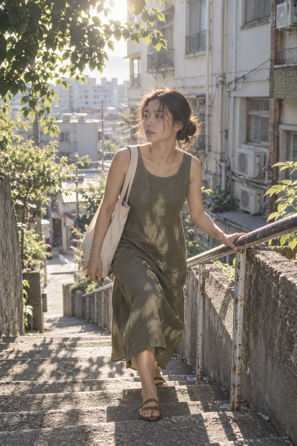 Adult woman walking up an outdoor concrete staircase in afternoon sun with dappled leaf shadows and backlit rim light