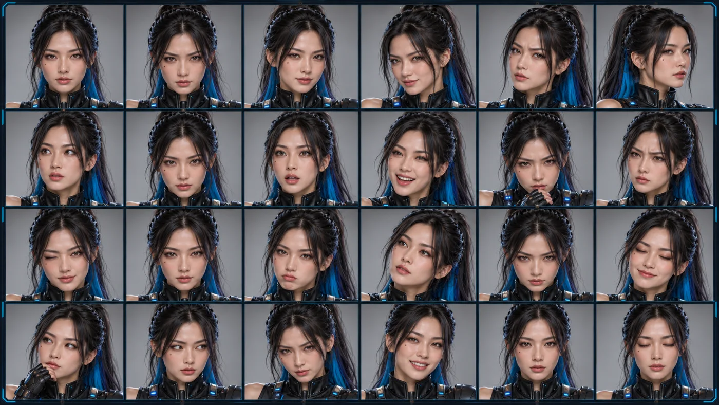Twenty-four panel expression grid of one woman in a restrained tired register