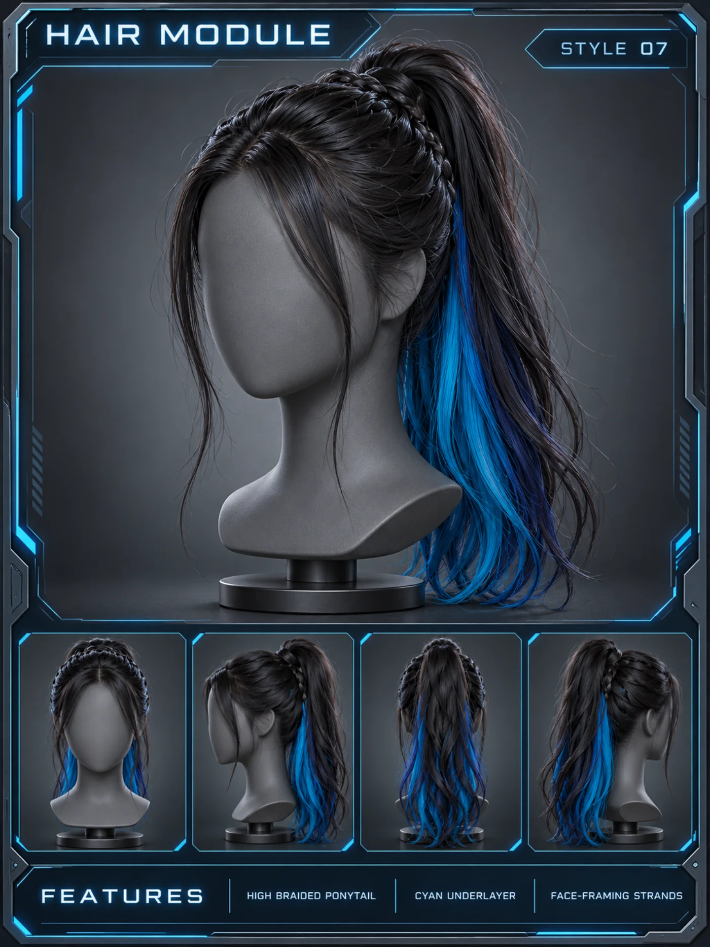 Hairstyle archive card showing a dark bob wig on a grey featureless display head