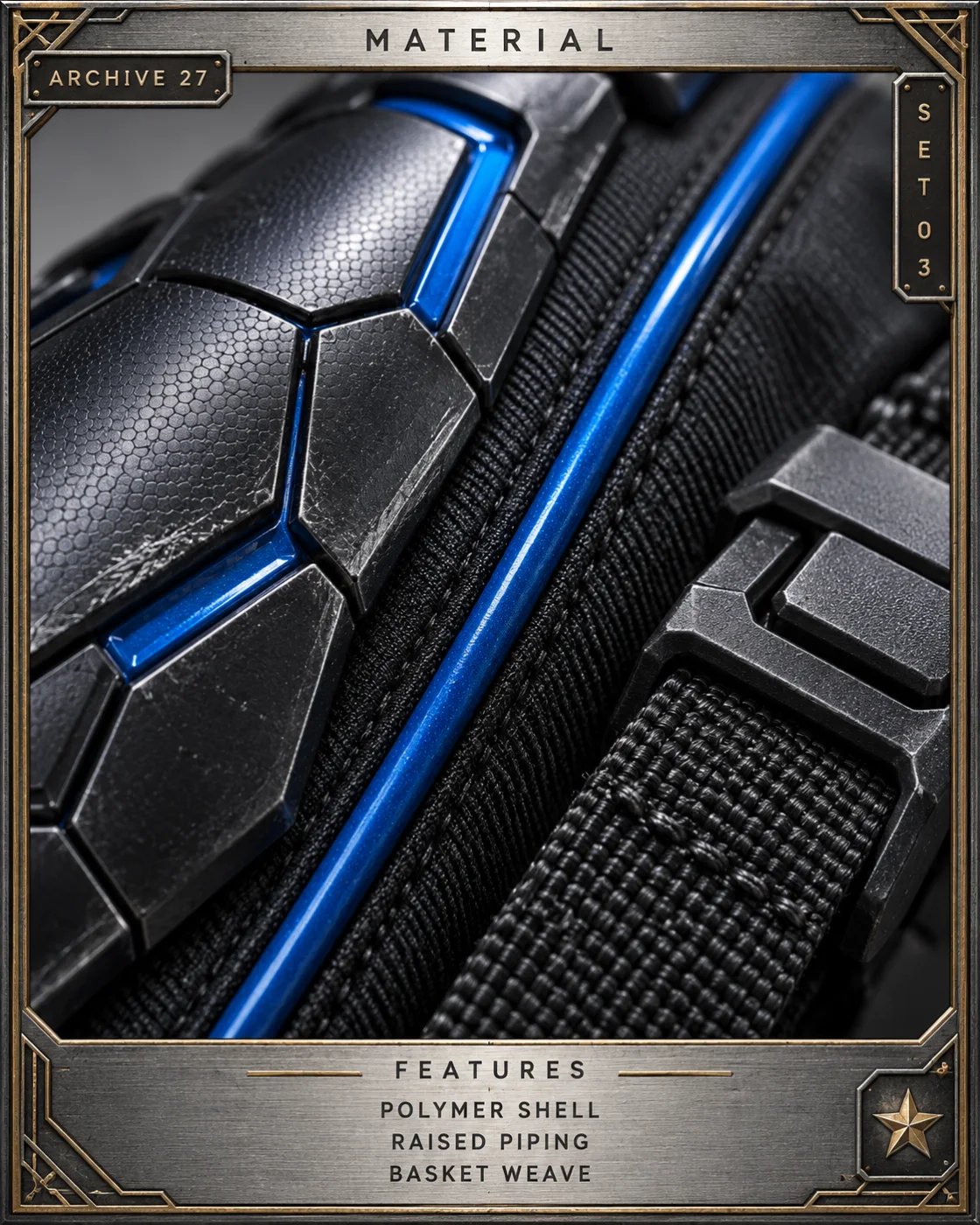 Material archive card showing a macro of the shoulder guard, seam piping and utility belt