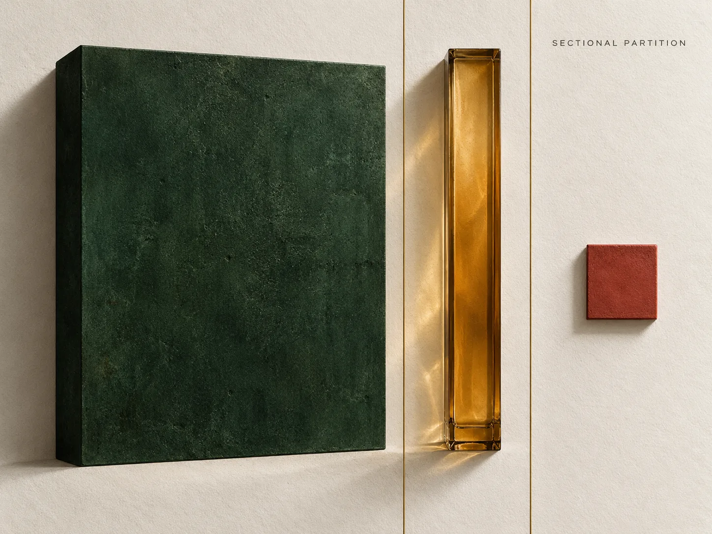 Asymmetrical composition plate with a deep-green stone slab, amber glass column, and vermilion tile across three unequal sections