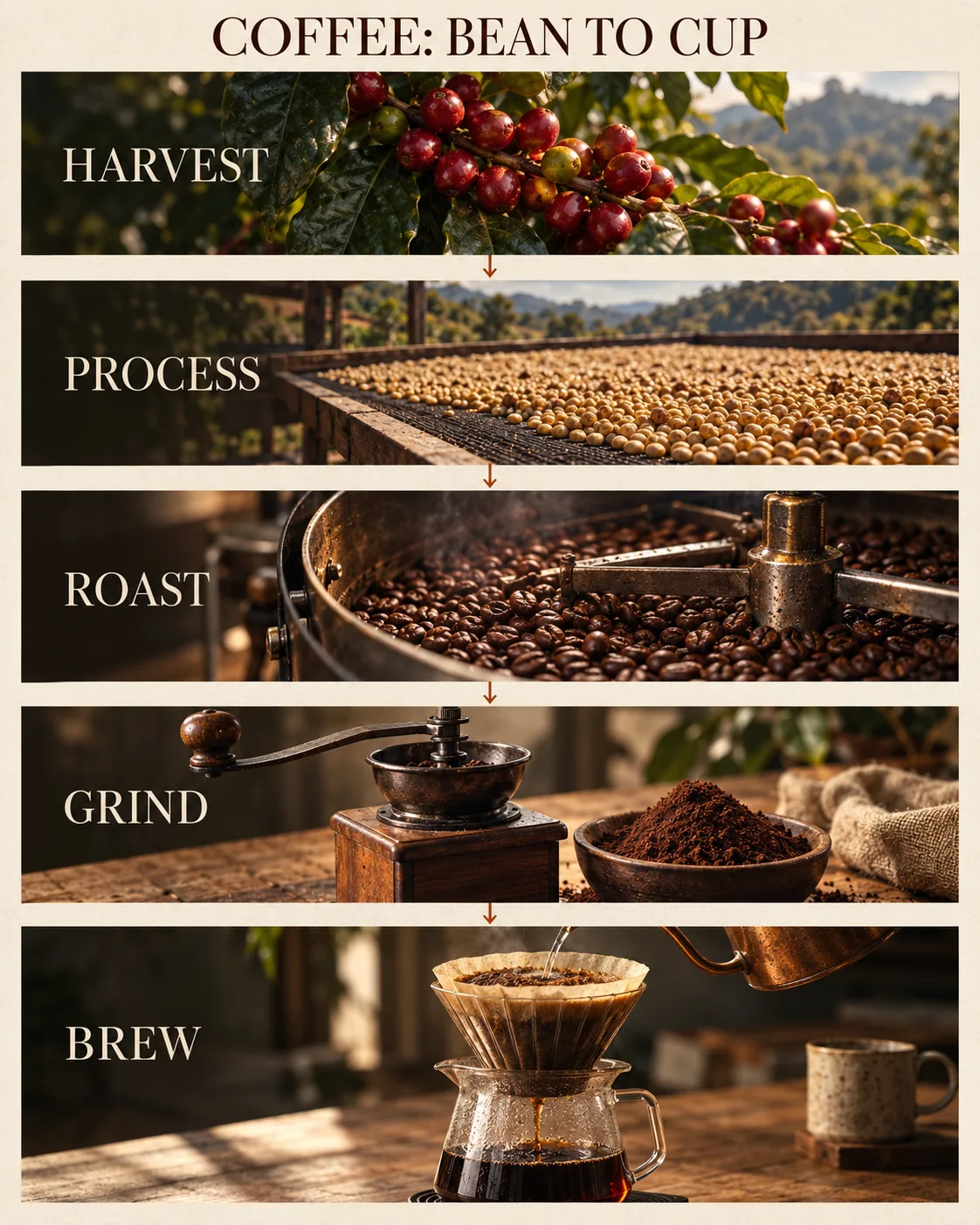 Luxury food-magazine coffee process infographic with photographic stages from ripe cherries through roasting and pour-over brew