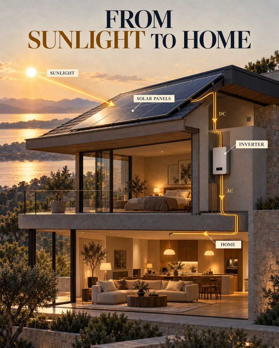 Cinematic solar-energy editorial cutaway showing roof panels, inverter, and illuminated home connected by labeled current flow
