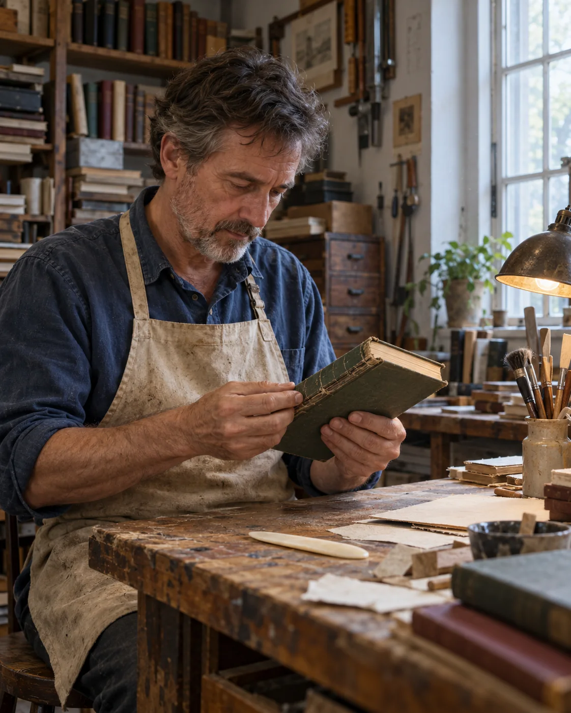Bookbinder inspecting a worn cloth-bound volume at a daylight workshop bench