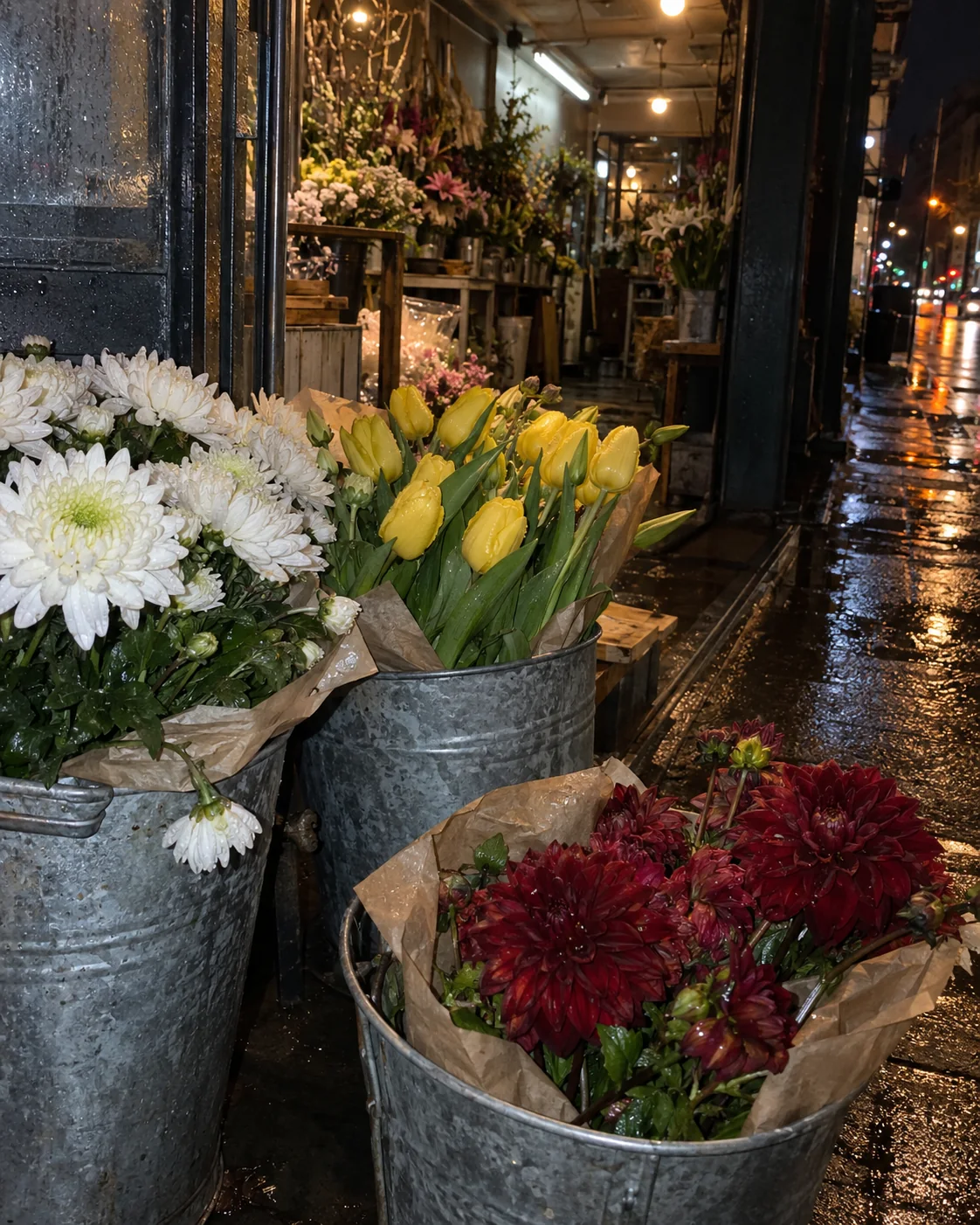 Night flower stall photographed with phone flash against warm and fluorescent shop lights