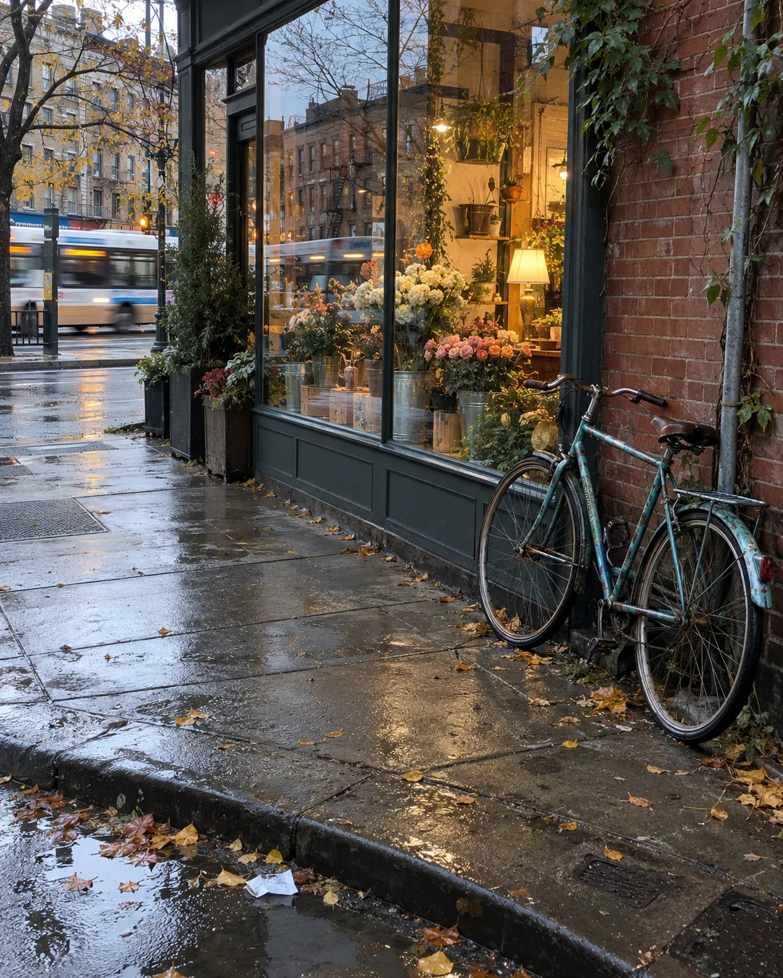 Rainy city flower shop with a teal bicycle, wet pavement, and warm window light