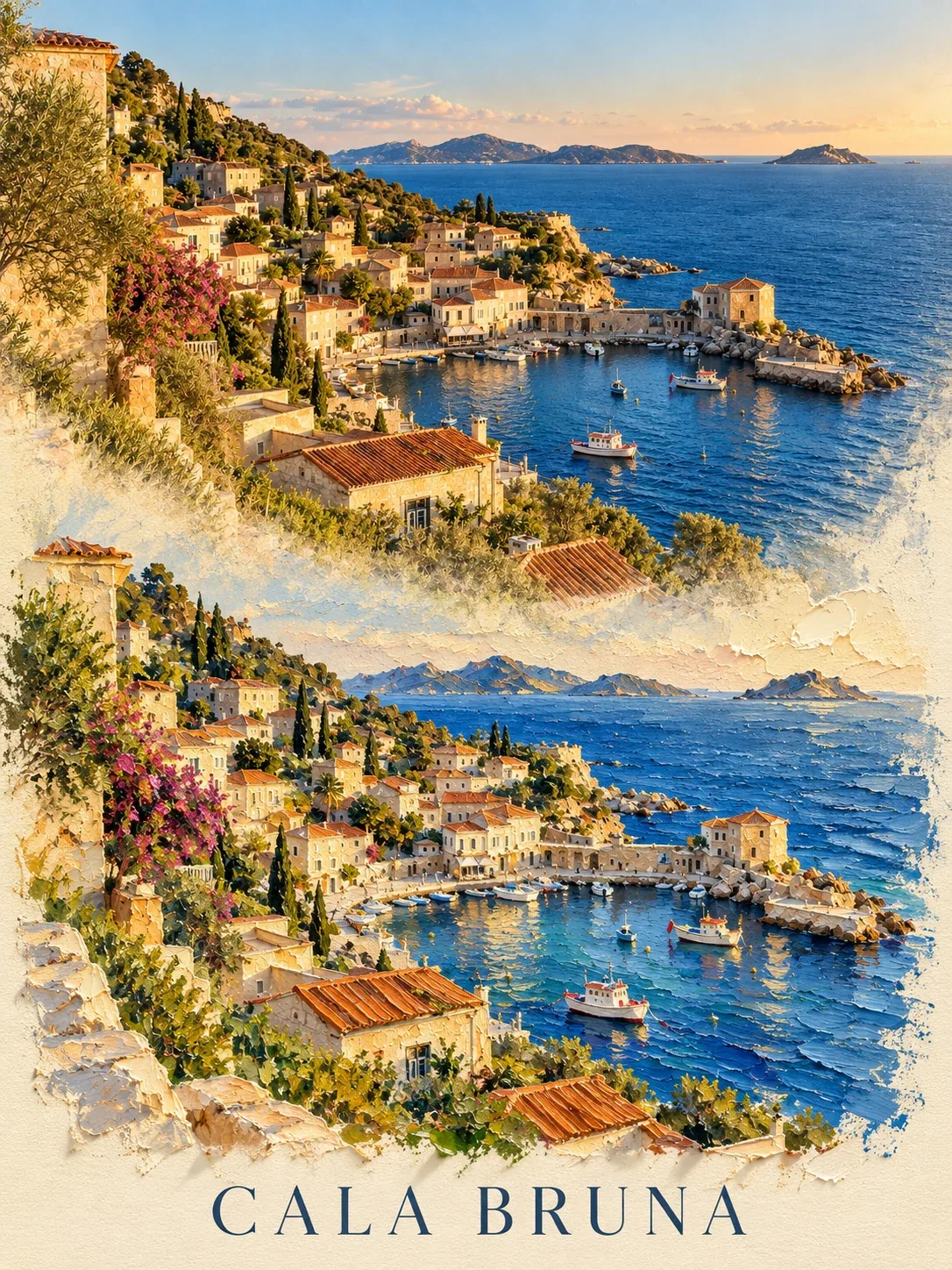 Cala Bruna harbor shown as a layered impasto travel poster with raised palette-knife paint texture