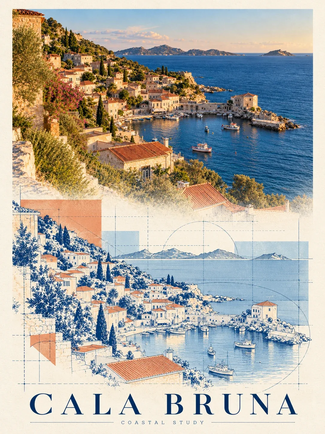 Vertical Cala Bruna travel poster combining a warm harbor photograph with a cobalt architectural silkscreen study