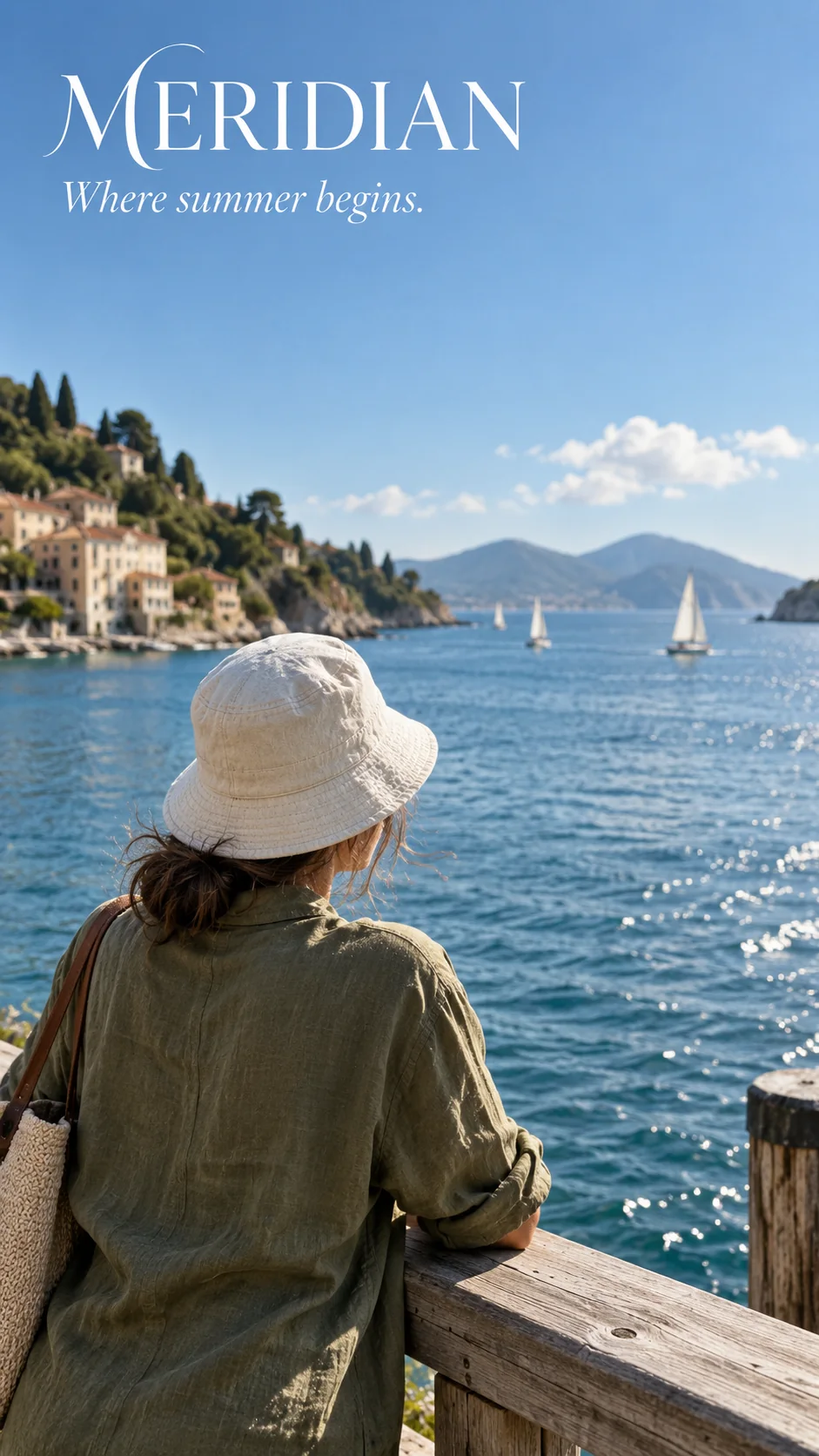 Travel magazine cover with MERIDIAN masthead over a traveler watching sailboats