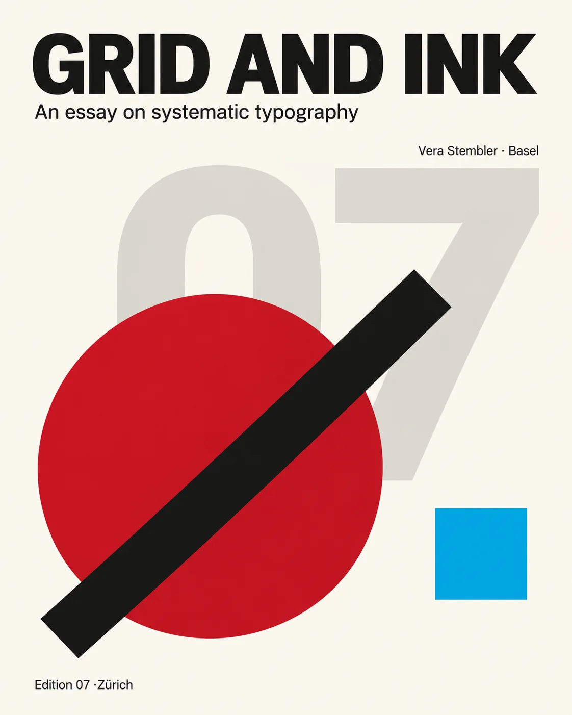 Swiss grid poster with GRID AND INK headline over red circle and black diagonal bar