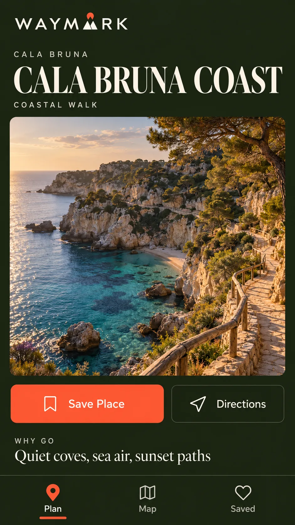 Cinematic WAYMARK mobile place-detail screen for fictional Cala Bruna Coast with a dramatic cove photo and dark editorial interface