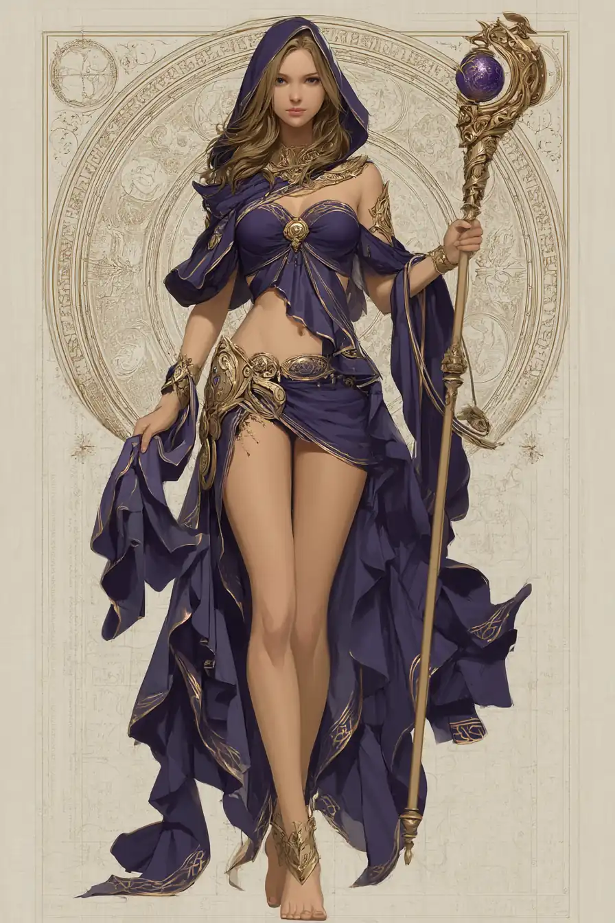 Fantasy character concept art of an elven mage with magical staff
