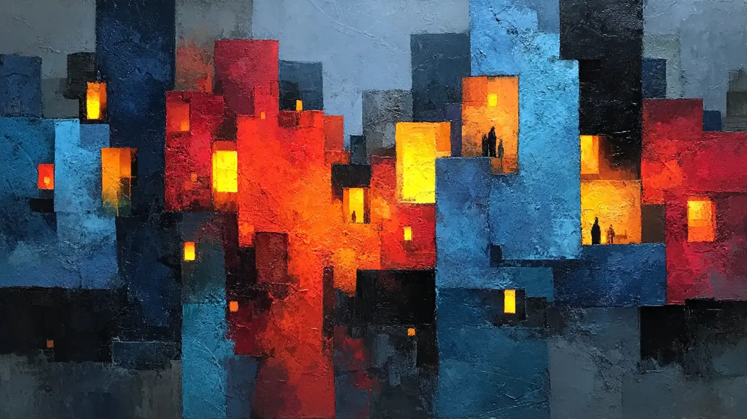 Abstract oil painting with bold colors and geometric shapes