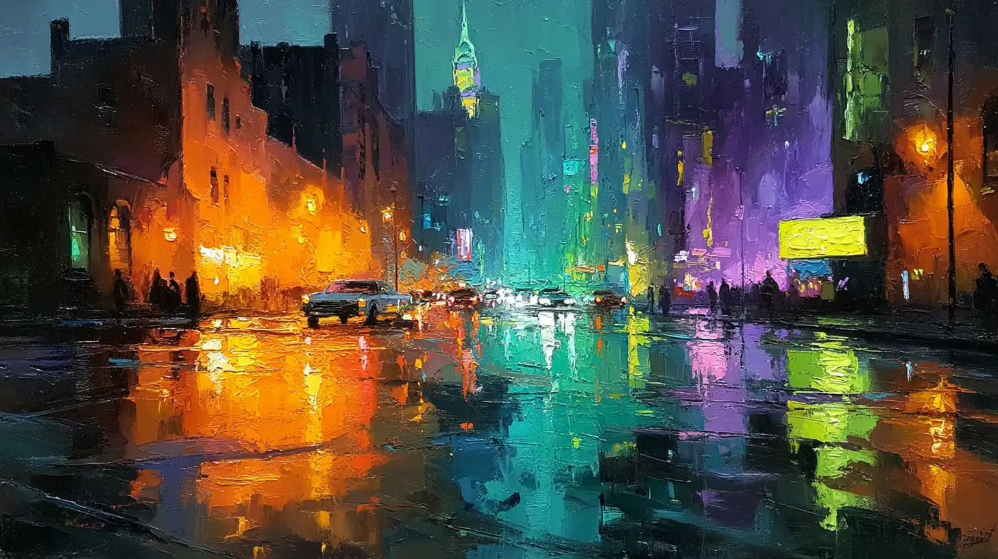Oil painting of a cyberpunk city street