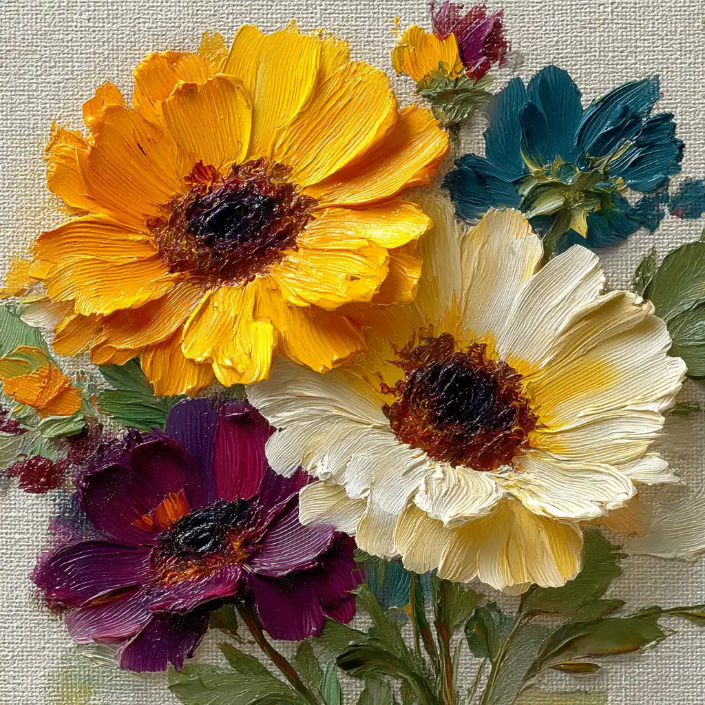 Vibrant impasto sunflowers with visible palette knife strokes and textured ridges