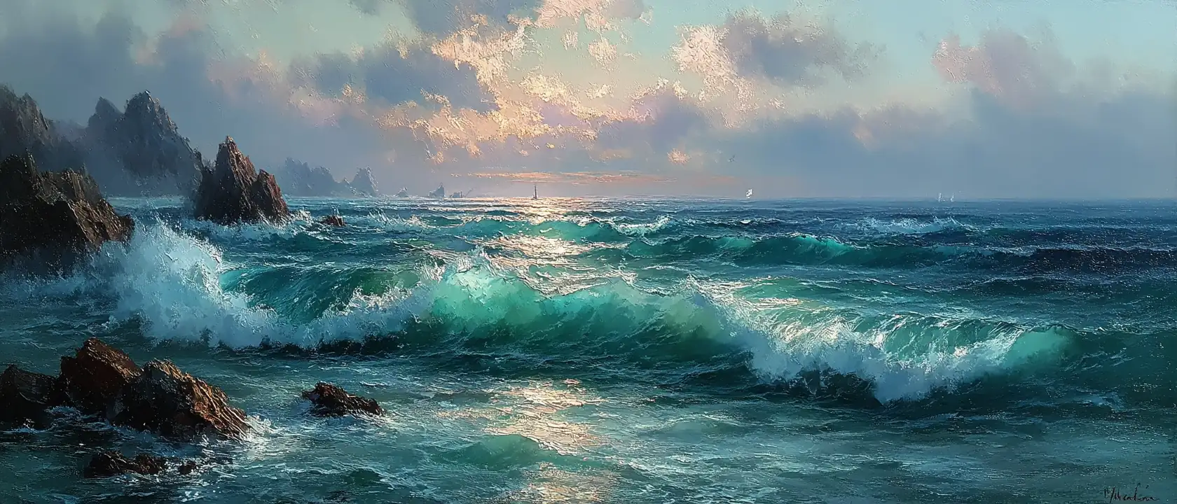 Oil painting of a stormy ocean with crashing waves