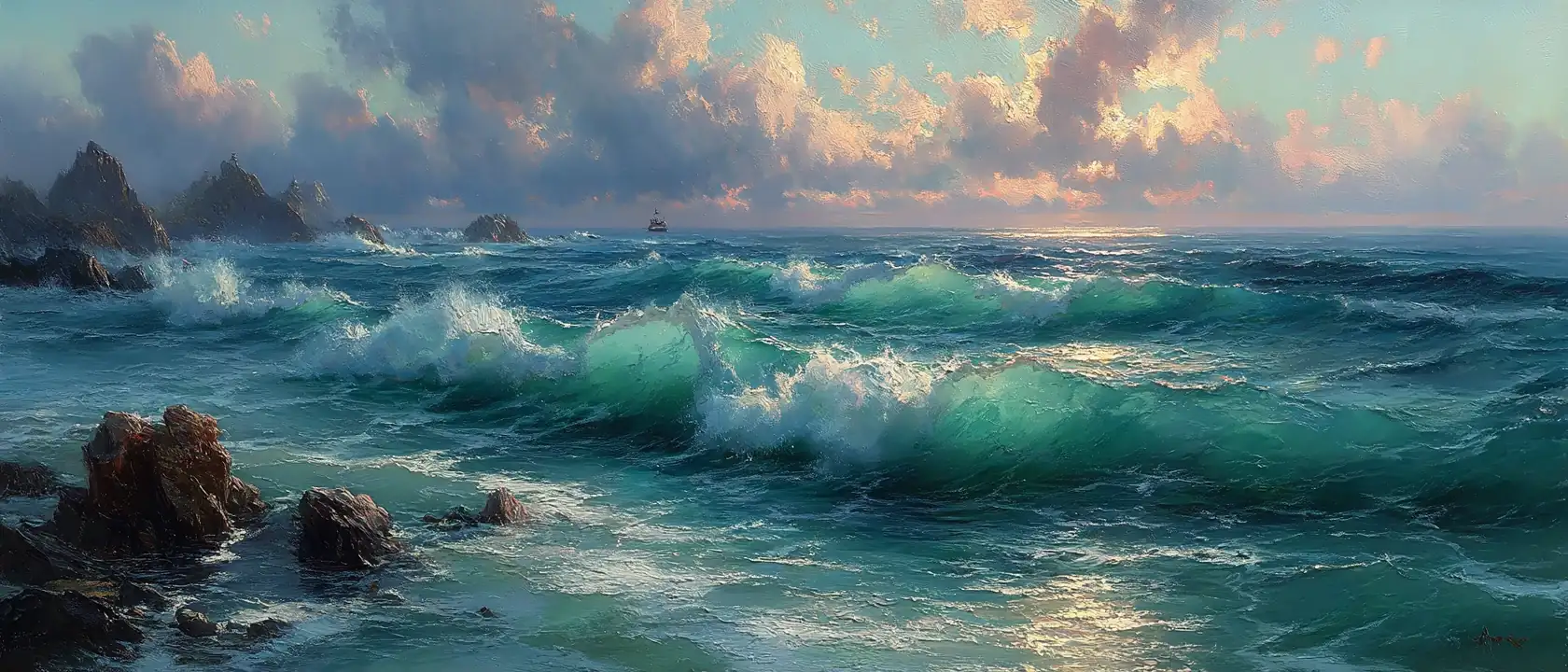 Dramatic seascape in Aivazovsky style with translucent waves and breaking sunlight