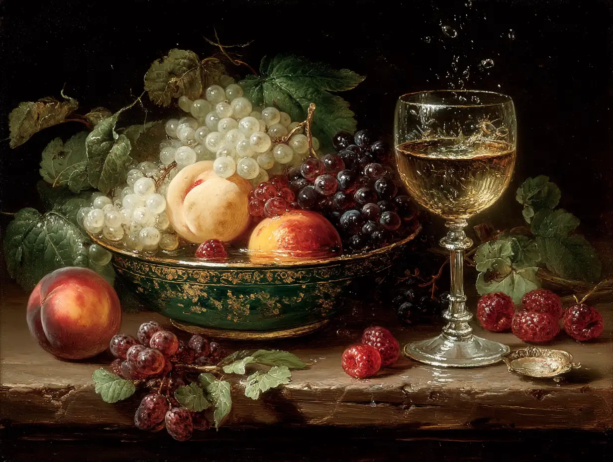 Meticulous still life oil painting with grapes and peaches on wooden table