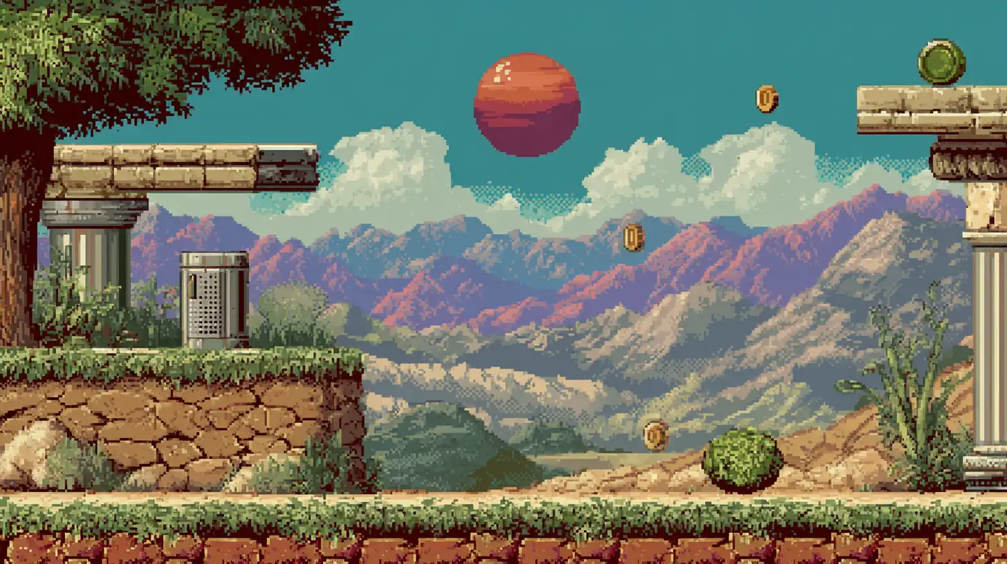 Retro arcade-style pixel art level with vibrant colors and clear gameplay elements