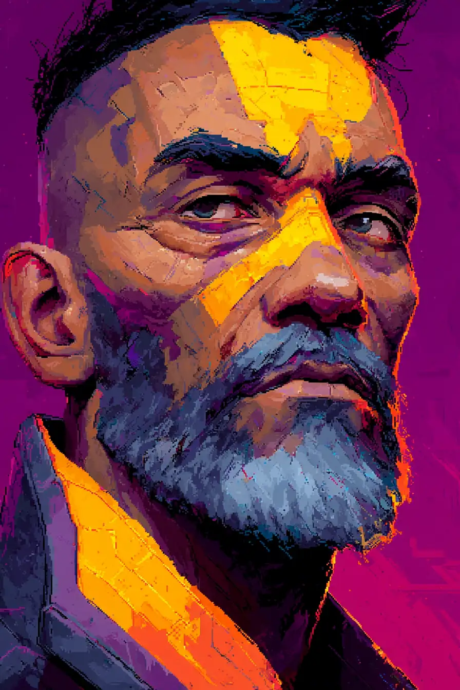 Contemporary pixel art portrait with neon accents and polished technique