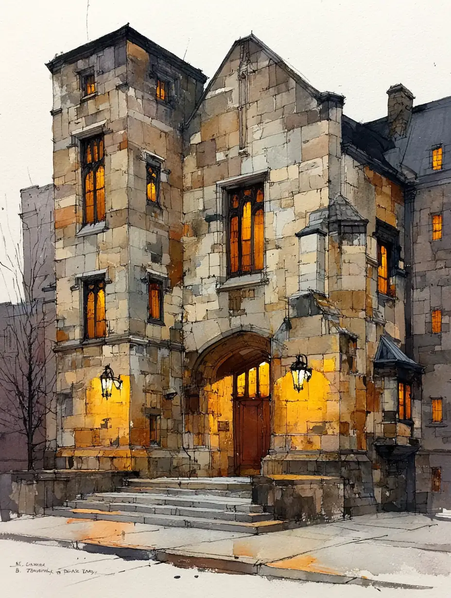 Watercolor painting of historic architecture with detailed stonework and warm lighting