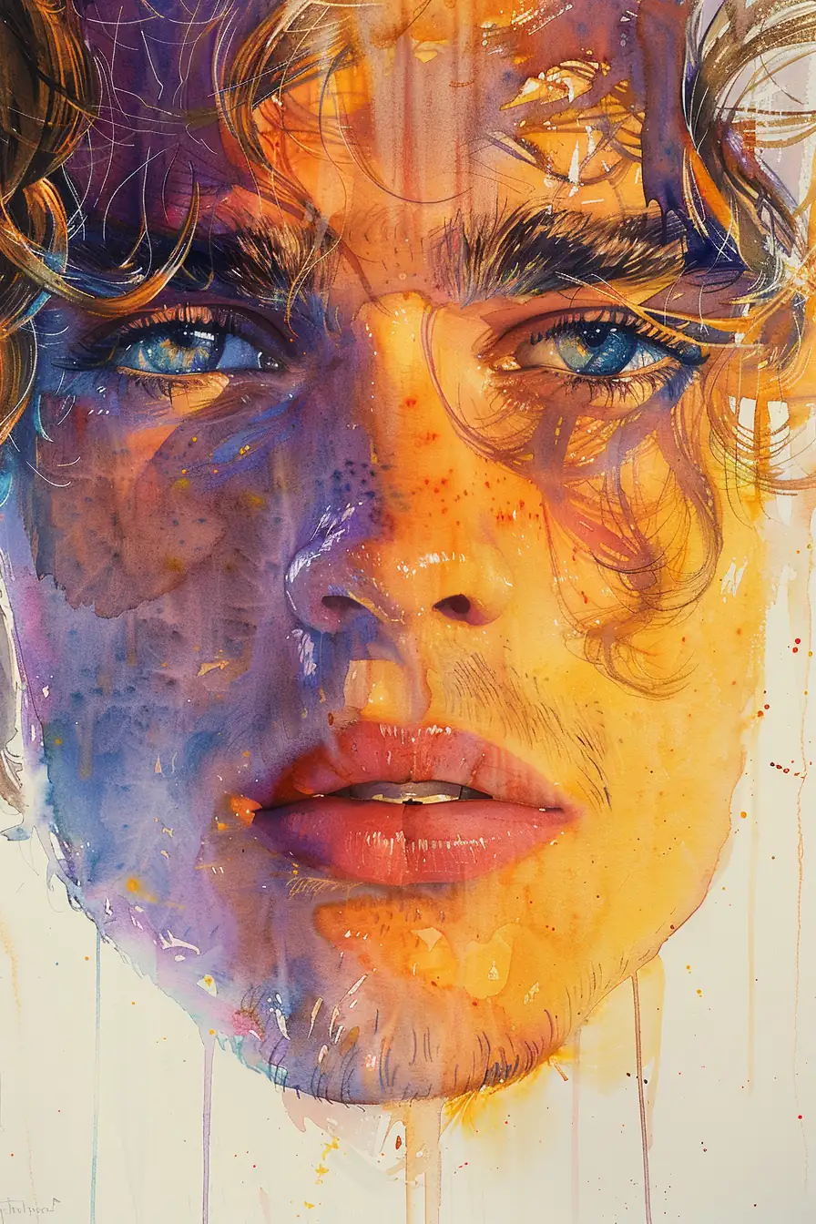 Expressive watercolor portrait with soft features and glowing skin tones